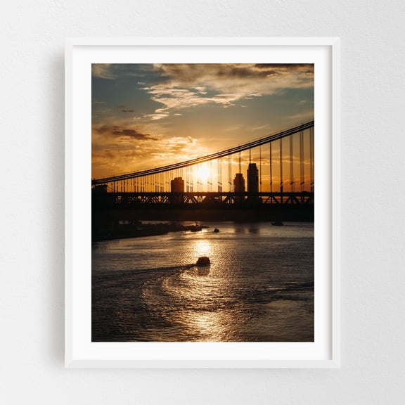 New York Sunrise - Manhattan New York Photography Sunset Bridge Cityscape Water Silhouette Boat Harbor White Framed Wall Art Print 18 x 24 inches