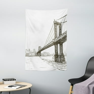 New York Tapestry, Digital Drawn Brooklyn Bridge Unusual Graffiti Style Old Urban Cityscape Print, Wall Hanging for Bedroom Living Room Dorm Decor, 40W X 60L Inches, Brown White, by Ambesonne