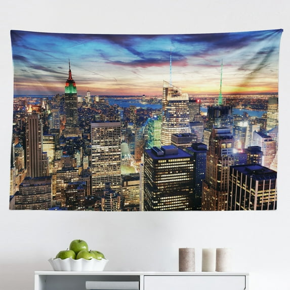 New York Tapestry, Hand Drawn NYC Cityscape Tourism Travel Industrial Center Town Modern City Design, Fabric Wall Hanging Decor for Bedroom Living Room Dorm, 2 Sizes, Grey White, by Ambesonne
