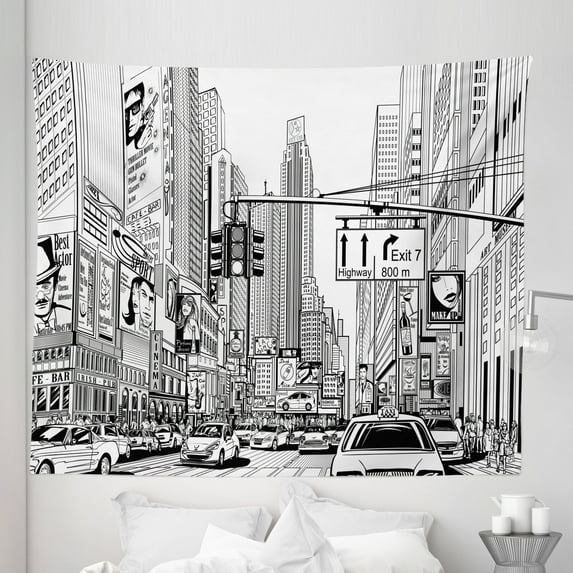 New York Tapestry, Monochrome Sketch Drawing of Downtown Manhattan Traffic Jam Advertisements, Fabric Wall Hanging Decor for Bedroom Living Room Dorm, 5 Sizes, Black and White, by Ambesonne
