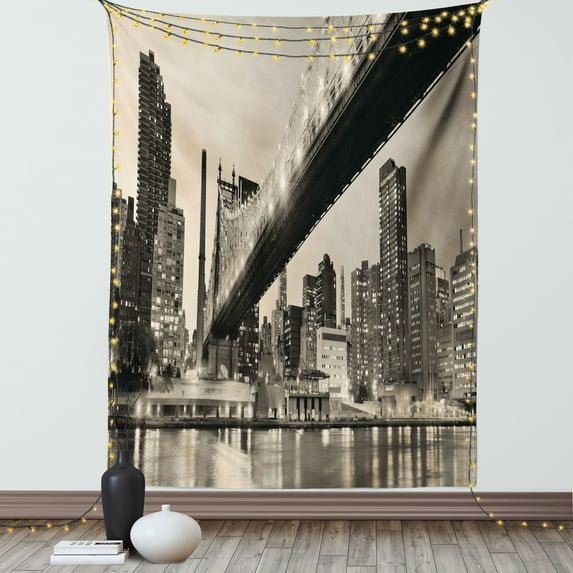 New York Tapestry, Queensboro Bridge NYC Night Sepia Artprints Urban City View Modern Life Theme, Wall Hanging for Bedroom Living Room Dorm Decor, 40W X 60L Inches, Gray Brown, by Ambesonne
