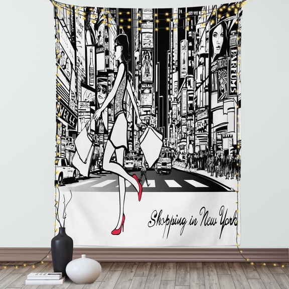 New York Tapestry, Shopping Theme Lady Passing Crowded City on the Background, Wall Hanging for Bedroom Living Room Dorm Decor, 40"W X 60"L, Dark Pink Charcoal Grey and White, by Ambesonne