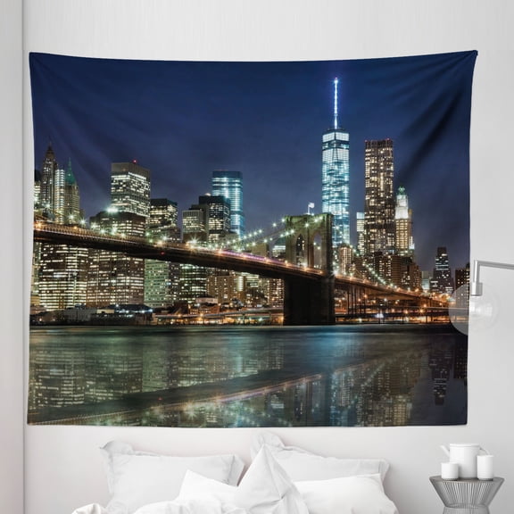 New York Tapestry, United States Urban Life Themed Skyscrapers with Brooklyn Bridge Illustration, Fabric Wall Hanging Decor for Bedroom Living Room Dorm, 5 Sizes, Multicolor, by Ambesonne
