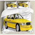 thumbnail image 1 of New York Taxi Duvet Cover Set, Checker Cab Image American Style Vehicle Art Print on Plain Background, Decorative 3 Piece Bedding Set with 2 Pillow Shams, King Size, White and Mustard, by Ambesonne, 1 of 2
