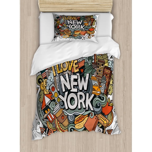 New York Taxi Duvet Cover Set, Colorful Cartoon Art Doodle with NY City Theme Famous Symbols, Decorative 2 Piece Bedding Set with 1 Pillow Shams, Twin Size, Pale Taupe and Multicolor, by Ambesonne