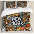 thumbnail image 1 of New York Taxi Duvet Cover Set, Colorful Cartoon Art Doodle with NY City Theme Famous Symbols, Decorative 3 Piece Bedding Set with 2 Pillow Shams, King Size, Pale Taupe and Multicolor, by Ambesonne, 1 of 2