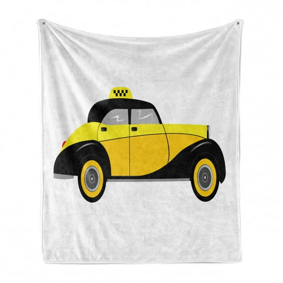 New York Taxi Soft Flannel Fleece Blanket, Old Style Retro Cab Design Illustration on Plain Background, Cozy Plush for Indoor and Outdoor Use, 60" x 80", White Earth Yellow and Black, by Ambesonne