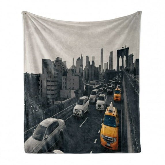 New York Taxi Soft Flannel Fleece Blanket, Rush Hour Traffic Image at Brooklyn Bridge in Downtown NY City, Cozy Plush for Indoor and Outdoor Use, 50" x 70", Pale Tan and Multicolor, by Ambesonne