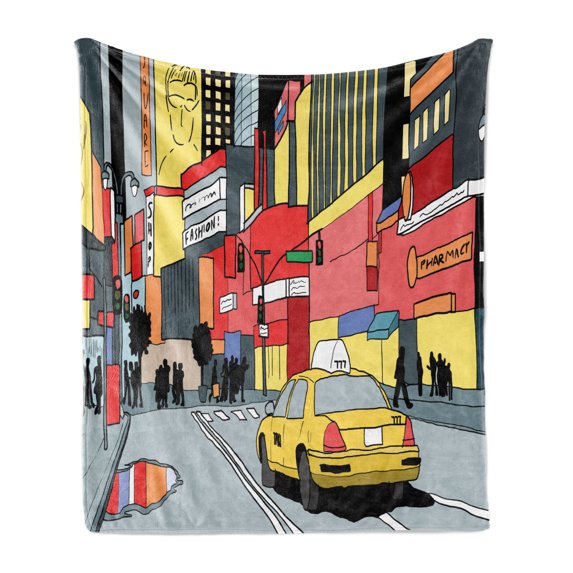 New York Taxi Soft Flannel Fleece Throw Blanket, Hand Drawn Like Illustration of Times Square View at Night Art Print, Cozy Plush for Indoor and Outdoor Use, 50" x 60", Multicolor, by Ambesonne