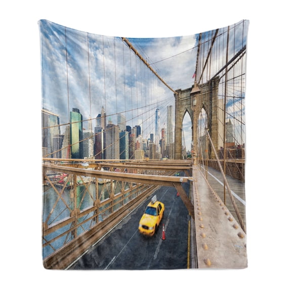 New York Taxi Soft Flannel Fleece Throw Blanket, Image of Checker Cab Passing Through Brooklyn Bridge in NY City Art Print, Cozy Plush for Indoor and Outdoor Use, 60" x 80", Multicolor, by Ambesonne