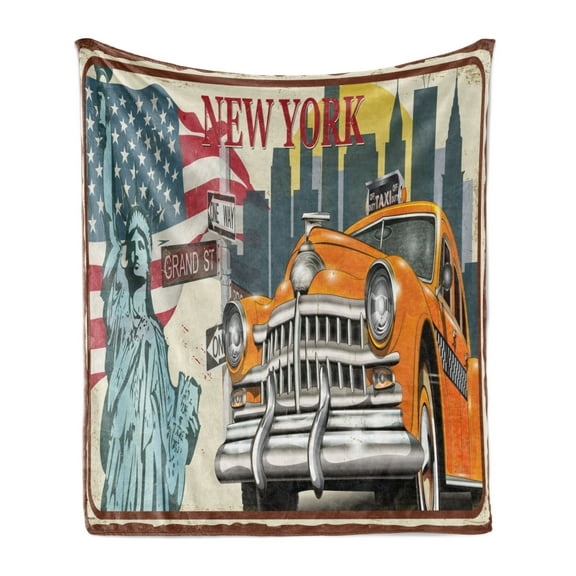 New York Taxi Soft Flannel Fleece Throw Blanket, NY City Theme Illustration of Vintage Style Advertising Board, Cozy Plush for Indoor and Outdoor Use, 50" x 60", Eggshell and Multicolor, by Ambesonne