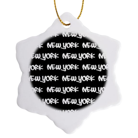 3drose, New York Text Design - White Words on Black - Ny City Souvenir Nyc Cool Urban Graffiti Font Pattern, 3 inch Snowflake Porcelain Ornament
