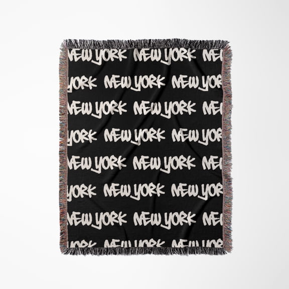 New York Text Design - White Words On Black - Ny City Souvenir Nyc Cool Urban Graffiti Font Pattern, Woven Blanket