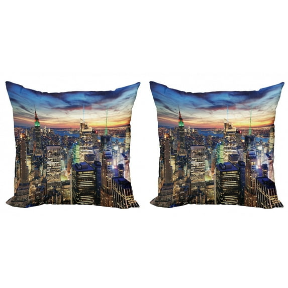 Ambesonne Landscape Throw Pillow Cover 2 Pack, Urban Skyline of NYC, 18", Orange Blue
