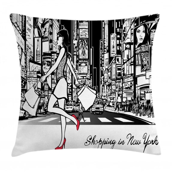 New York Throw Pillow Cushion Cover, Shopping Theme Lady Passing Crowded City on the Background, Decorative Square Accent Pillow Case, 18" X 18", Dark Pink Charcoal Grey and White, by Ambesonne