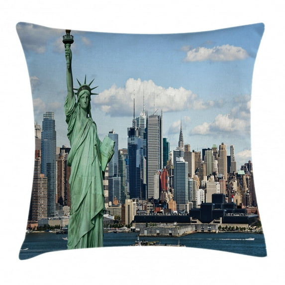 New York Throw Pillow Cushion Cover, Statue of Liberty in NYC Harbor Urban City Print Famous Cultural Landmark Picture, Decorative Square Accent Pillow Case, 18 X 18 Inches, Mint Blue, by Ambesonne