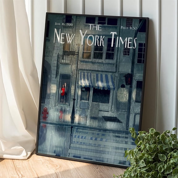 New York Times 1986 Poster: Rainy Day Street Scene, Red Dress, Vintage Poster, Unframed Poster Size 8x12