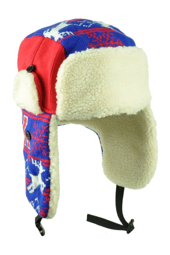 New York Trapper Aviator Knit Beanie Fleece Nordic Hat Ear Flap State Blue Red