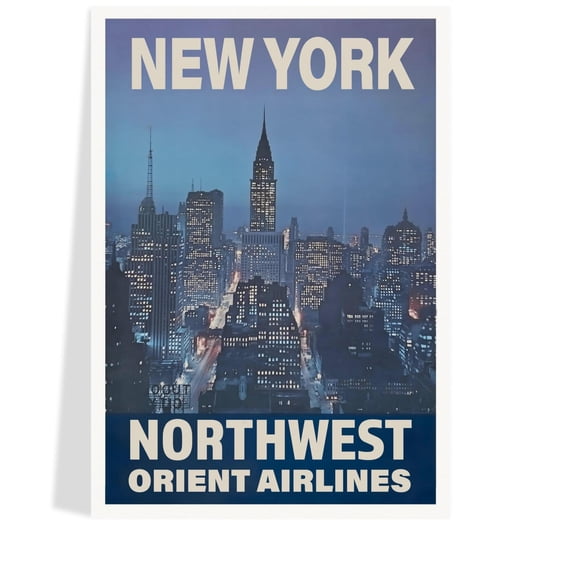 New York Travel Poster 1965, Northwest Orient Airlines, Vintage Nyc Skyline Wall Art, Poster Only