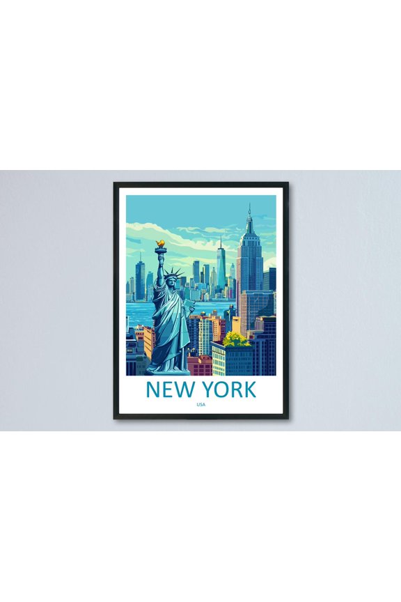 New York Travel Poster USA Wall Art Cityscape Print Skyline View Illustration Manhattan Decor NYC Gift Souvenir Empire Scene, Poster Only