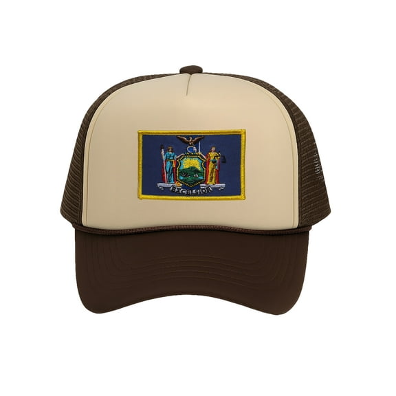 New York Trucker Hat for Men - State Flag Snapback Cap with Mesh Back, Black, Khaki Brown