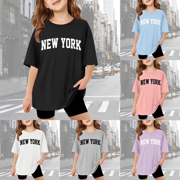 New York Tween Girl Shirts Size 3-4 Years Tops for Vacation Tops Letter Printed Top Oversized Tops Casual Crewneck Basic Tees Light Purple