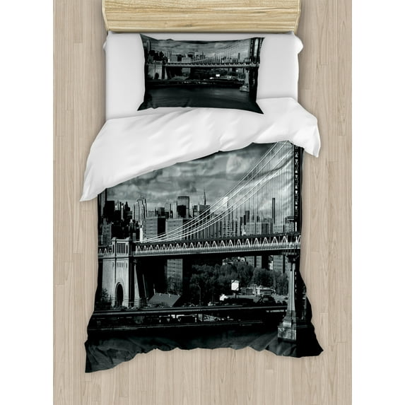 New York Twin Size Duvet Cover Set, Black and White Panorama of New York City Skyline with Focus on Manhattan Bridge Photo, Decorative 2 Piece Bedding Set with 1 Pillow Sham, Grey, by Ambesonne