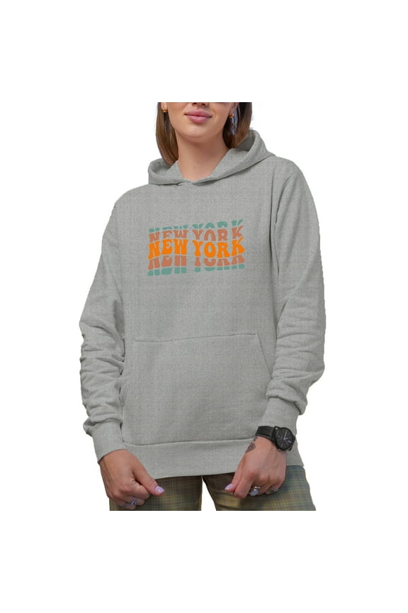 New York, US or USA State Themed, Groovy Retro Wavy Text Merch Gift, Heather Grey Hooded Sweatshirt or Hoodie, Small