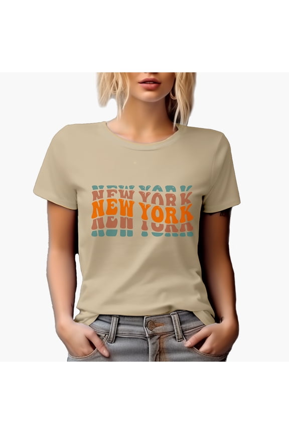 New York, US or USA State Themed, Groovy Retro Wavy Text Merch Gift, Tan T-Shirt, Large