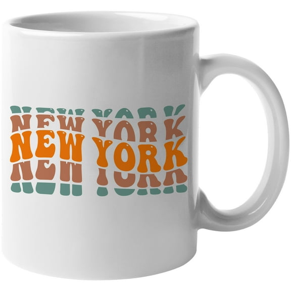New York, US or USA State Themed, Groovy Retro Wavy Text Merch Gift, White 11oz Ceramic Mug