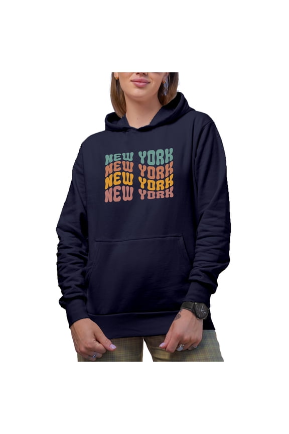 New York, US or USA Themed, Groovy Retro Wavy Text Merch Gift, Navy Blue Hooded Sweatshirt or Hoodie, Small