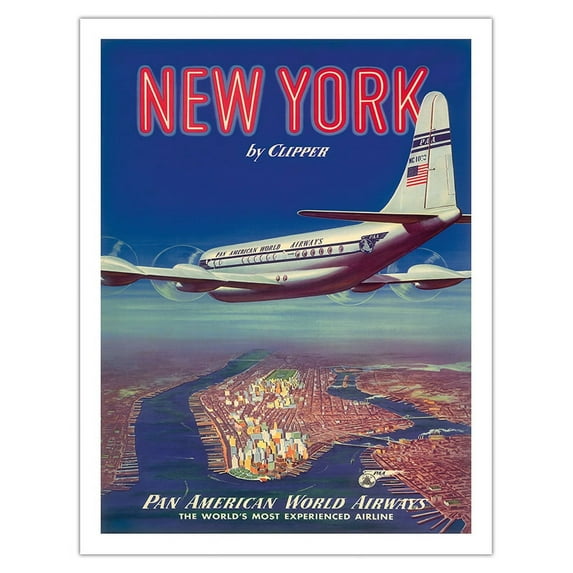 New York USA by Clipper - Boeing 377 over Manhattan Island - Pan American World Airways - Vintage Airline Travel Poster c.1950 - Fine Art Matte Paper Print (Unframed) 20x26in