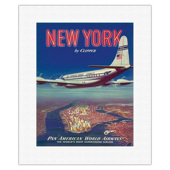 New York USA by Clipper - Boeing 377 over Manhattan Island - Pan American World Airways - Vintage Airline Travel Poster c.1950 - Fine Art Rolled Canvas Print 11in x 14in