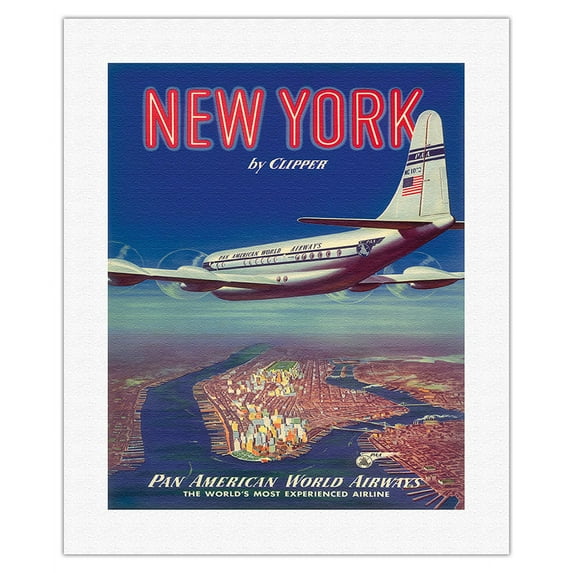 New York USA by Clipper - Boeing 377 over Manhattan Island - Pan American World Airways - Vintage Airline Travel Poster c.1950 - Fine Art Rolled Canvas Print 16in x 20in