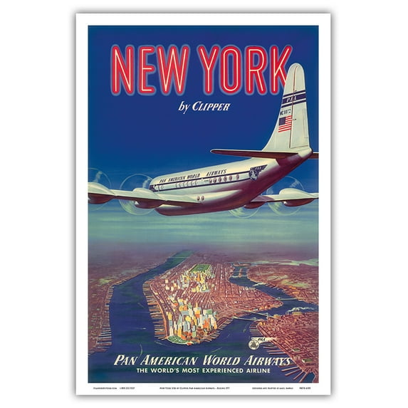 New York USA by Clipper - Boeing 377 over Manhattan Island - Pan American World Airways - Vintage Airline Travel Poster c.1950 - Master Art Print (Unframed) 12in x 18in