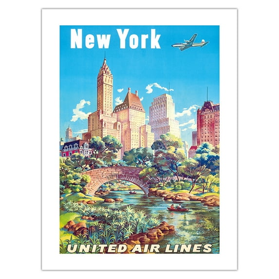 New York USA - Gapstow Bridge at Central Park South Pond Manhattan - United Air Lines - Vintage Airline Travel Poster by Joseph Fehér c.1940s - Bamboo Fine Art 290gsm Paper Print (Unframed) 18x24in