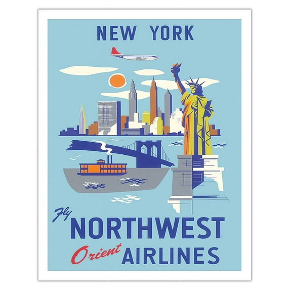 New York - USA - Manhattan Empire State Building Statue Liberty - Northwest Orient Airlines - Vintage Airline Travel Poster c.1950s - Fine Art Matte Paper Print (Unframed) 11x14in