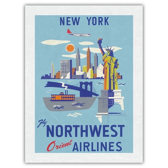 New York - USA - Manhattan Empire State Building Statue Liberty - Northwest Orient Airlines - Vintage Airline Travel Poster c.1950s - Japanese Unryu Rice Paper Art Print 24 x 32 in