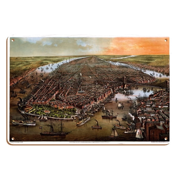 New York USA - Manhattan Island Battery Park - Vintage Colored Engraving c.1873 - 8 x 12 inch Vintage Wood Art Sign