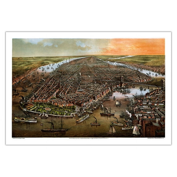 New York USA - Manhattan Island Battery Park - Vintage Colored Engraving c.1873 - Fine Art Matte Paper Print (Unframed) 30x44in