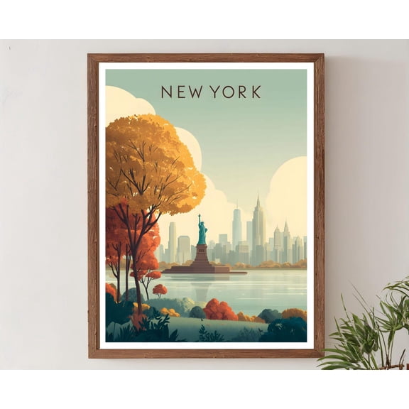 New York USA Retro Travel Mid Century Modern Vintage NYC Skyline Decor, Unframed Canvas