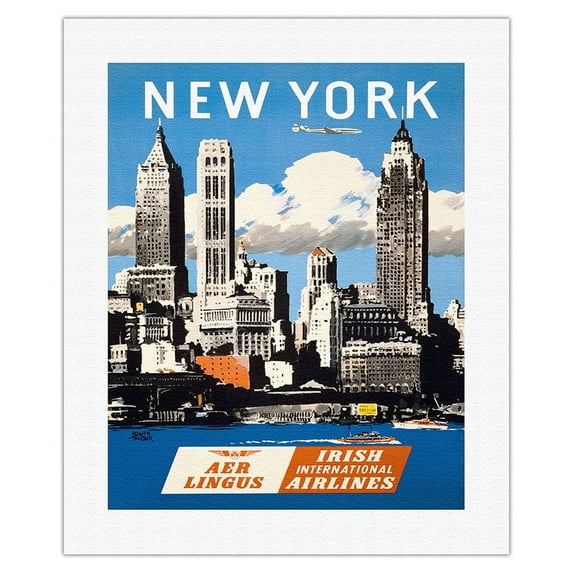 New York USA - Skyline of Manhattan - Aer Lingus (Irish International Airlines) - Vintage Airline Travel Poster by Adolph Treidler c.1950s - Fine Art Rolled Canvas Print 16in x 20in
