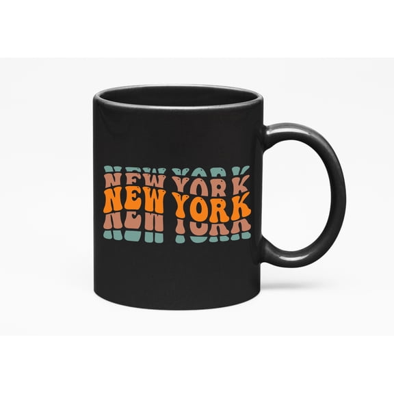 New York, USA State Themed, Groovy Retro Wavy Text Merch Gift, Black 11oz Ceramic Mug