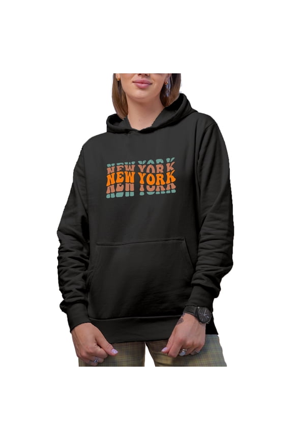 New York, USA State Themed, Groovy Retro Wavy Text Merch Gift, Black Hooded Sweatshirt or Hoodie, Large