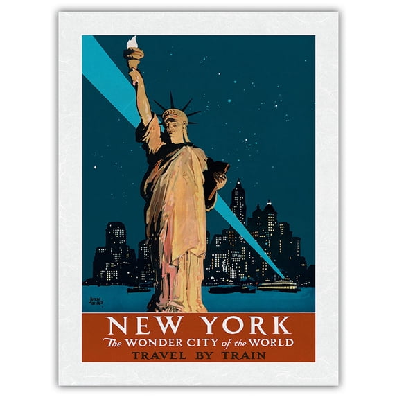 New York USA - The Wonder City of the World - Statue of Liberty - Travel by Train - Vintage Railroad Travel Poster by Adolph Treidler c.1927 - Japanese Unryu Rice Paper Art Print (Unframed) 18 x 24 in