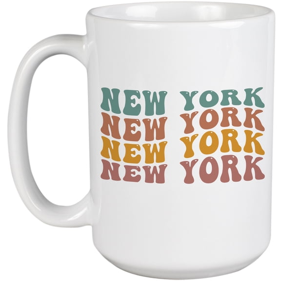 New York, United States of America, USA or US State Themed, Groovy Retro Wavy Text Merch Gift, White 15oz Ceramic Mug