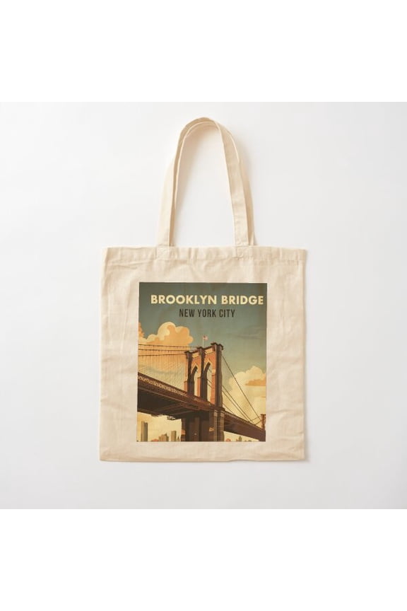 New York Usa Brooklyn Bridge Vintage Travel Poster Retro Ny Cotton Tote Bag Canvas Tote Bag, Family Gift For Mother, Her