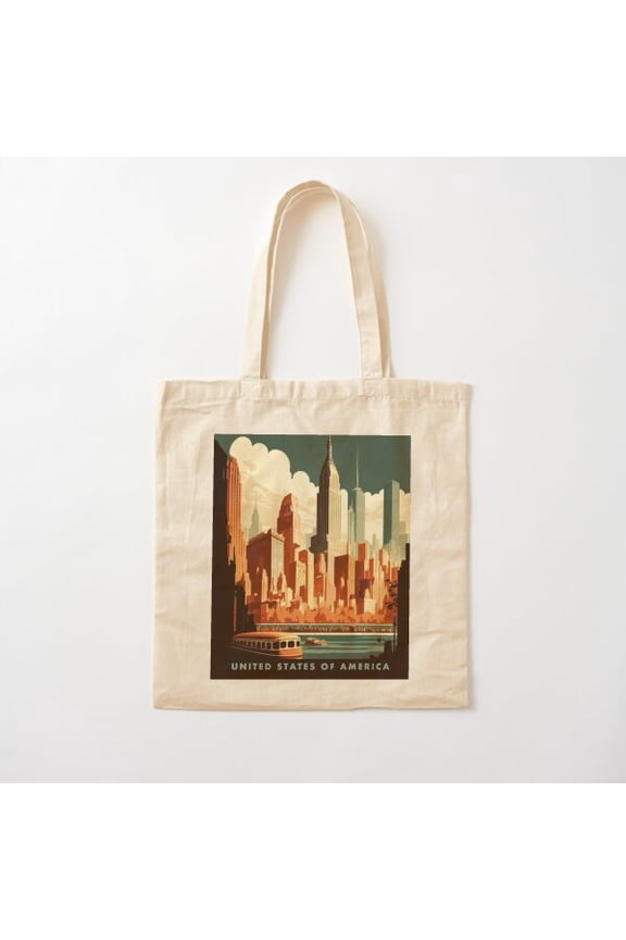 New York Usa Vintage Travel Retro Empire State Canvas Tote Bags, Reusable Shopping Bag
