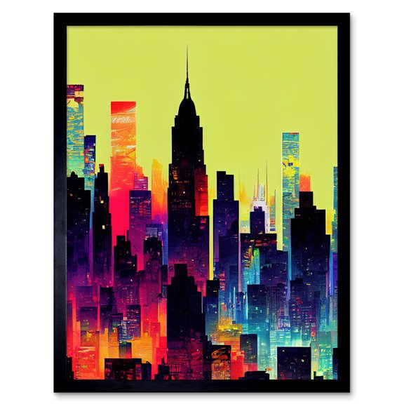 New York Vibrant Multi Coloured Graphic Design Skyscraper Cityscape Silhouette Art Print Framed Poster Wall Decor 12x16 inch