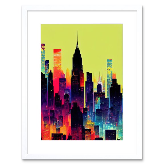 New York Vibrant Multi Coloured Graphic Design Skyscraper Cityscape Silhouette Artwork Framed Wall Art Print 9X7 Inch